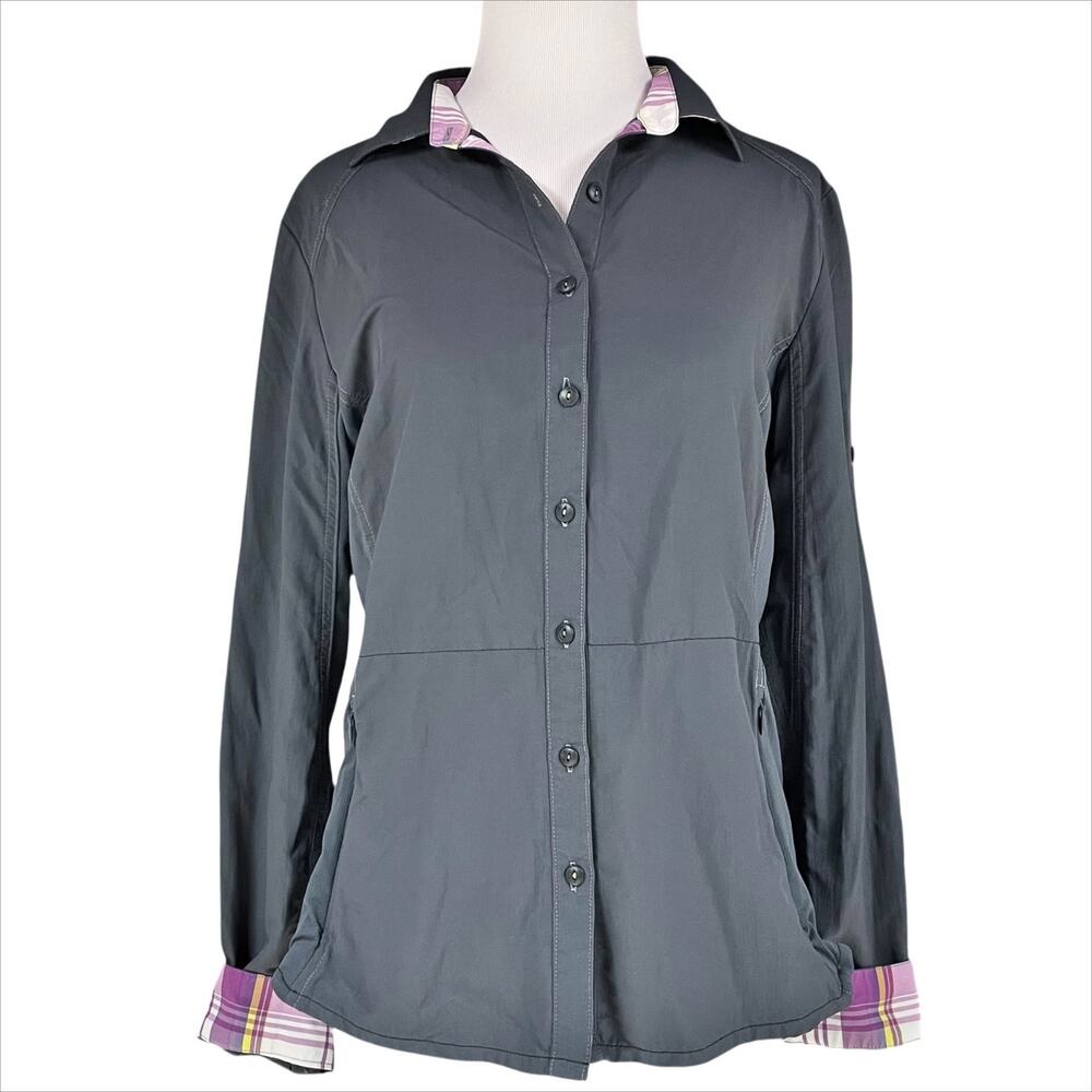 KUHL Wunderer Long-Sleeve Vented Button-Up Hiking Shirt Gray w/ Purple Plaid S